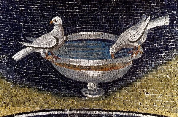MOSAIC: DOVES DRINKING. Mid-5th century mosaic in the Mausoleum of Galla Placidia