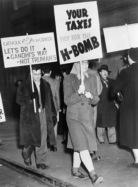 NUCLEAR PROTEST, 1950. Members of the Catholic Worker Movement picketing against
