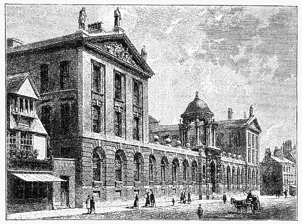 OXFORD: QUEENs COLLEGE. View of Queens College on the campus of Oxford University, Oxford, England. Wood engraving, English, c1885