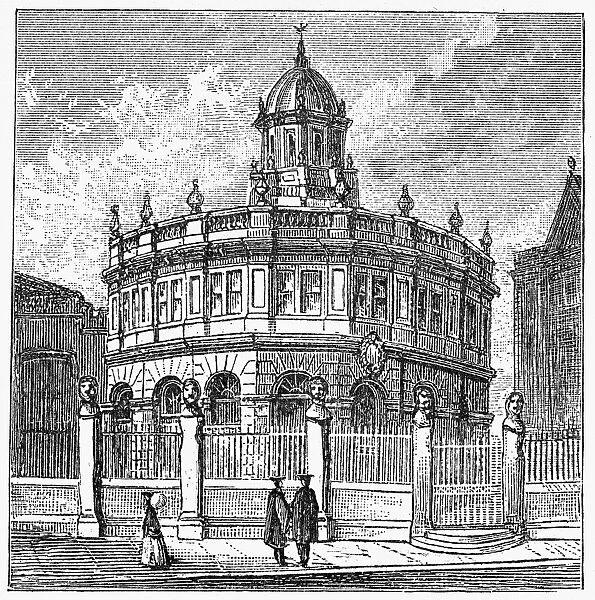 OXFORD: THEATRE. View of the Sheldonian Theatre on the campus of Oxford University, Oxford, England, designed by Sir Christopher Wren and completed in 1669. Wood engraving, English, c1885