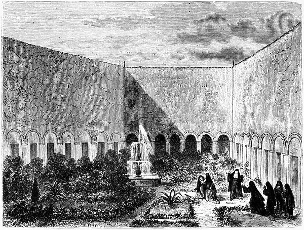 PERU: CONVENT, 1869. The garden of the Santa Clara Convent in Cuzco, Peru. Wood engraving from Voyage ├á travers l Am