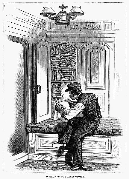 PULLMAN CAR, 1877. Pullman porter inspecting the linen closet. Wood engraving from an American newspaper, 1877