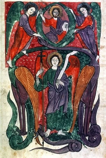 ST. MICHAEL SLAYS DRAGON with Christs blessing (top): spanish manuscript illumination, 1220