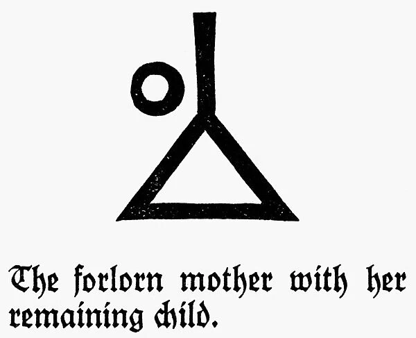 SYMBOLS: WIDOWED MOTHER. The forlorn mother with her remaining child. Woodcut, German