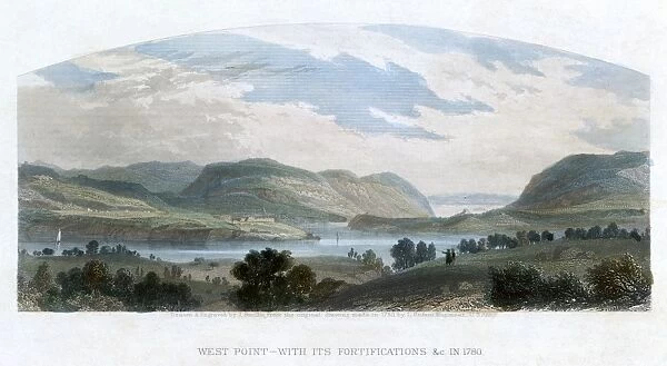 WEST POINT, 1780. West Point with its fortifications on the Hudson River, New York. Steel engaving, 19th century, after a drawing made in 1780