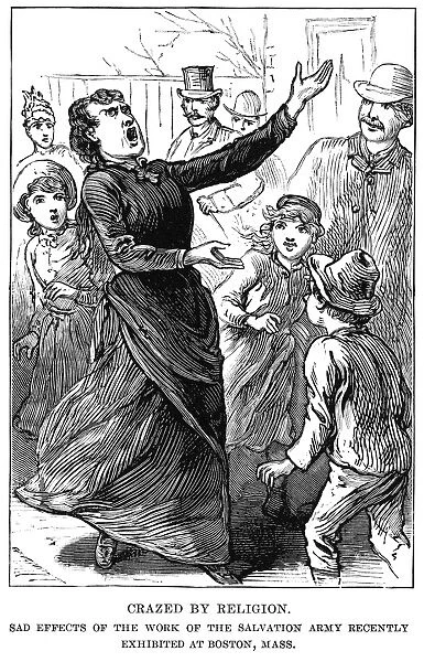 WOMAN PREACHING, 1888. Crazed by religion. Sad effects of the work of the Salvation Army recently exhibited at Boston, Mass. Line engraving, American, 1888