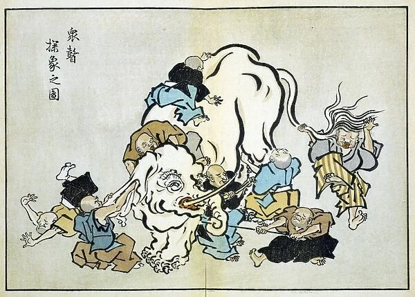 Blind Monks Examining an Elephant: Illustration of Buddhist parable where each monk