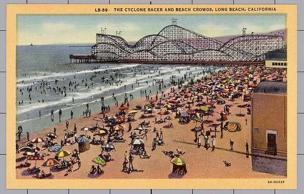 Cyclone Racer and Crowd at Beach. ca. 1936, Long Beach, California, USA, LB-89-THE CYCLONE RACER AND BEACH CROWDS, LONG BEACH, CALIFORNIA