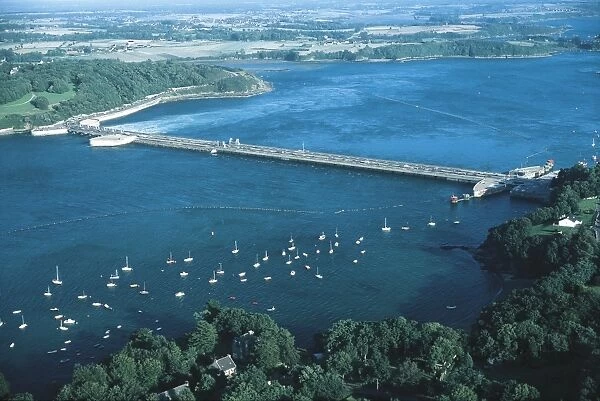 France, Brittany, Aerial view of La Rance Tidal Power Station, barrage
