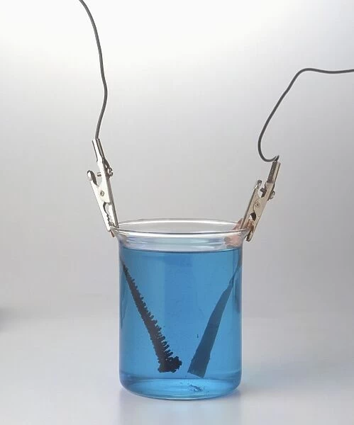 Glass beaker containing copper strips connected to electrodes in copper sulphate solution (copper purification)