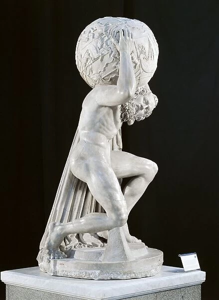 Greek civilization, Marble statue of Atlas kneeling with celestial sphere on his shoulder, known as Farnese Atlas, Roman copy after Greek original