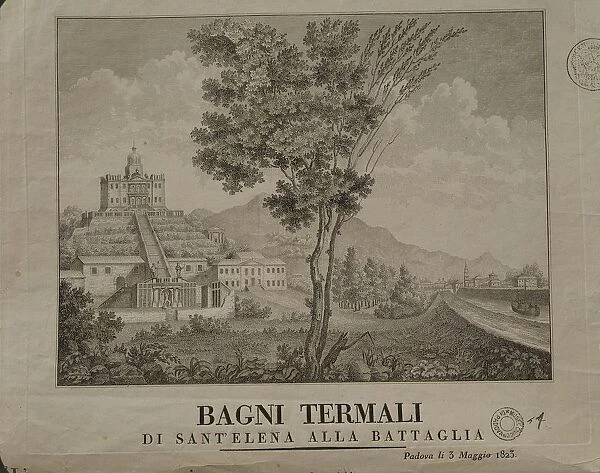 Italy, Padua, Battaglia Terme, Villa Selvatico (today Emo), engraving on poster advertising cures at Battaglia spa