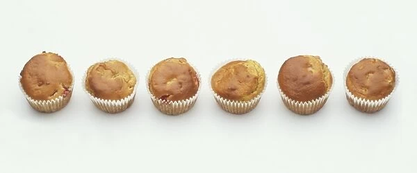 Six muffins in paper cases, arranged in a row