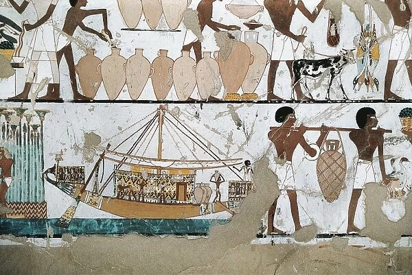 Mural painting depicting scene of carriage of wine on boat, from New Kingdom