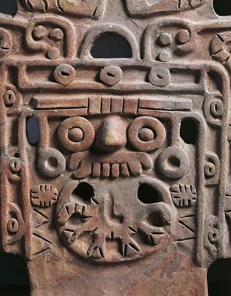 Detail of Pre-Columbian terracotta with relief depicting Tlaloc, Rain God, from Teotihuacan (City of the Gods), from Mexico, 6th-9th Century