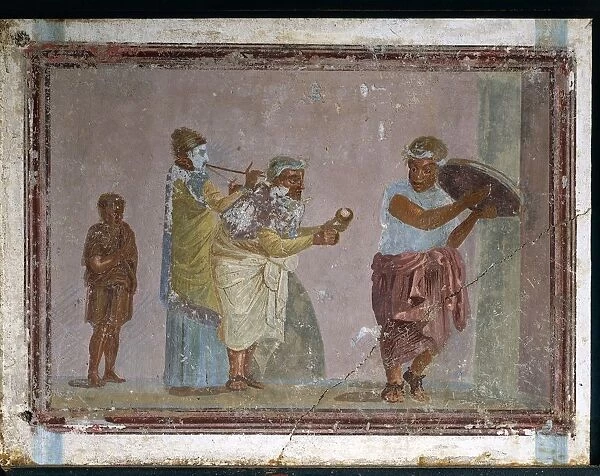 Roman civilization, 1st century A. D. Fresco depicting a scene from a comedy by Menander, The Possessed Girl: itinerant musicians from Italy, Stabiae, painting on plaster, 30-40 A. D