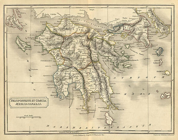 Antique map of Ancient Greece, Peloponnesus et Graecia Meridionalis