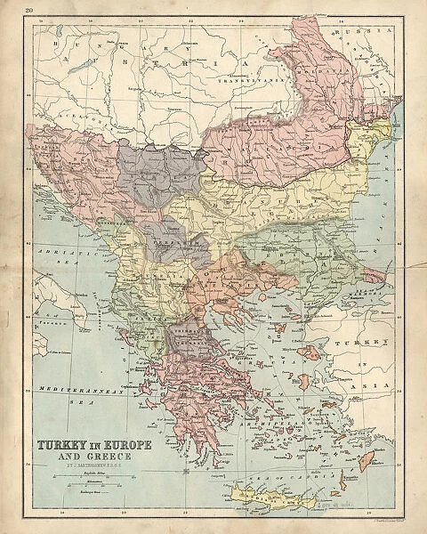 Antique map of Greece and Turkey in Europe 19th Century