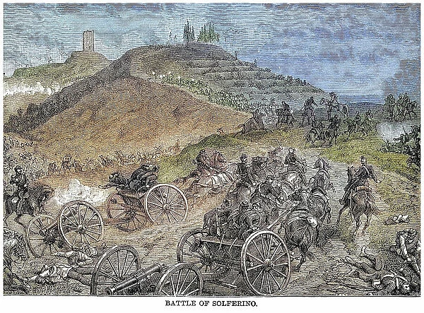 Old engraving illustration of Napoleon III at the Battle of Solferino (24 June 1859) victory of French emperor Napoleon III against Austrians