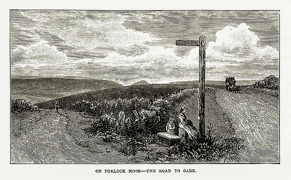 On Porlock Moor, The Road to Oare, Exmoor, England Victorian Engraving, 1840