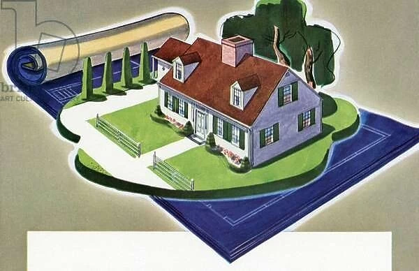 1940s Dream Home Set on an Unfurling Set of Blueprints, 1944 (screen print)