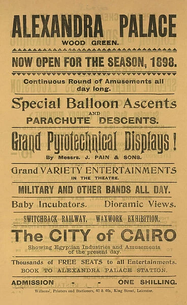 Advertisement for the 1898 season at Alexandra Palace (engraving)