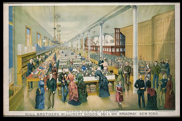 Advertisement for Hill Bros. Millinery Goods with an interior view of the main saleroom