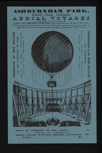 Advertisement for tethered balloon ascents from Ashburnham Park, Kings Road, Chelsea, London, c1868 (litho)