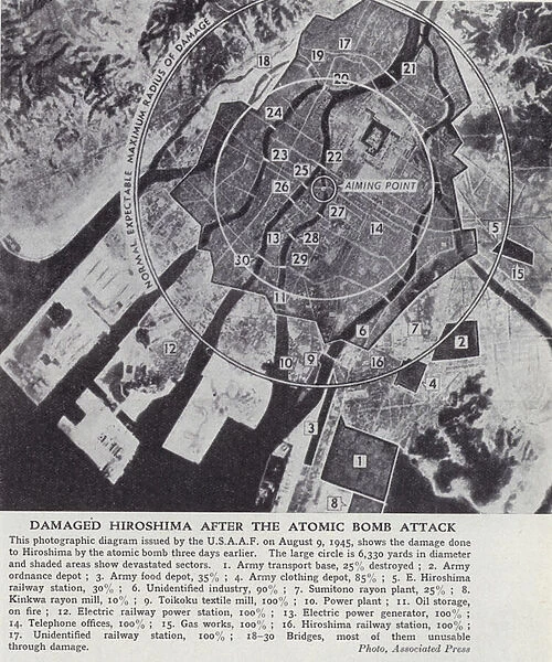 Aerial view of the damage inflicted on the city of Hiroshima by the first atomic bomb dropped on Japan by the Americans, World War II, August 1945 (b  /  w photo)
