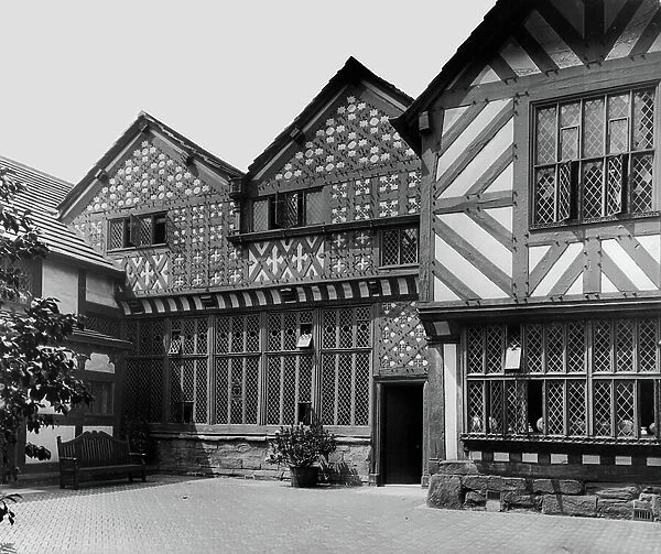 Agecroft Hall, the entrance front, from England's Lost Houses by Giles Worsley (1961-2006) published 2002 (b / w photo)