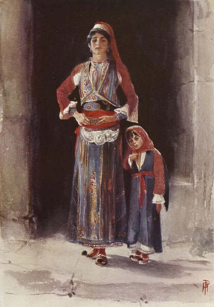 Albanian Peasants (colour litho)