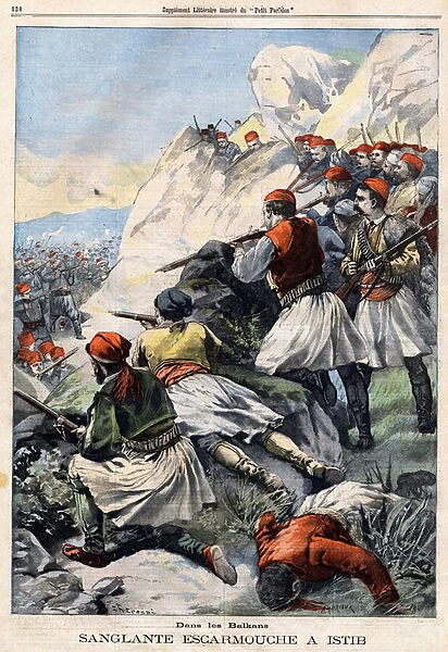 Albanians shoot at Turks in Istib in the Balkans, in 'Le petit Parisien'on 28  /  04  /  1901 (engraving)