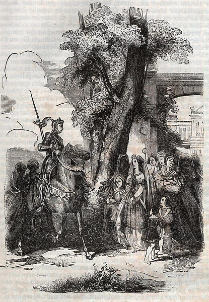 Alcina and her court come to greet Ruggiero - engraving of 1851 from the poem Orlando
