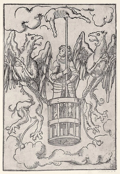 Alexander the Great carried into the air by two griffins, c. 1525 (woodcut)