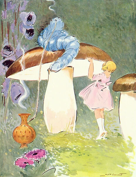 Alice and the Caterpillar, illustration from Alice in Wonderland, published by Editions Delagrave, Paris. 1935 (colour litho)