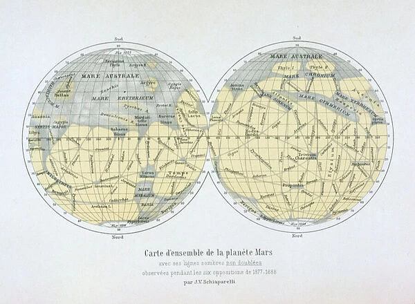 Assembled map of the planet Mars, from observations made during six oppositions in