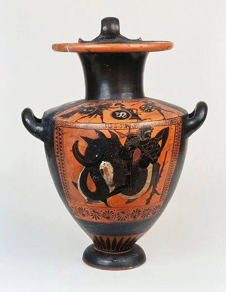 An Attic black-figure hydria depicting Athena and Herakles in combat, and below
