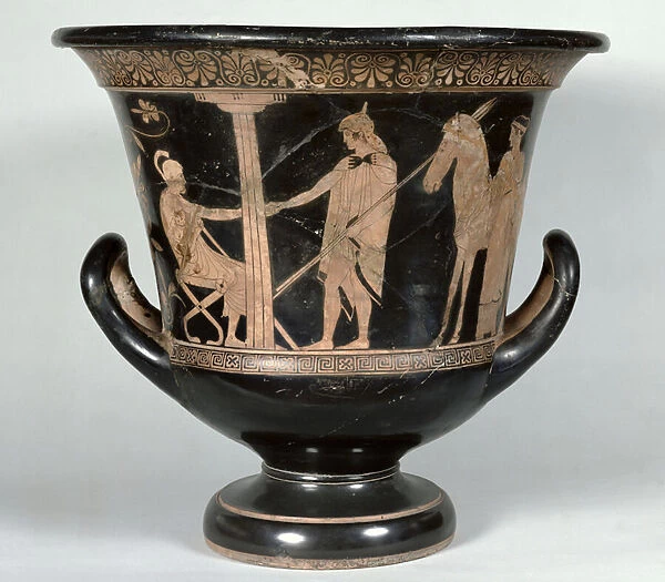 Attic red-figure kalyx krater depicting a Hoplite returning from the war (ceramic