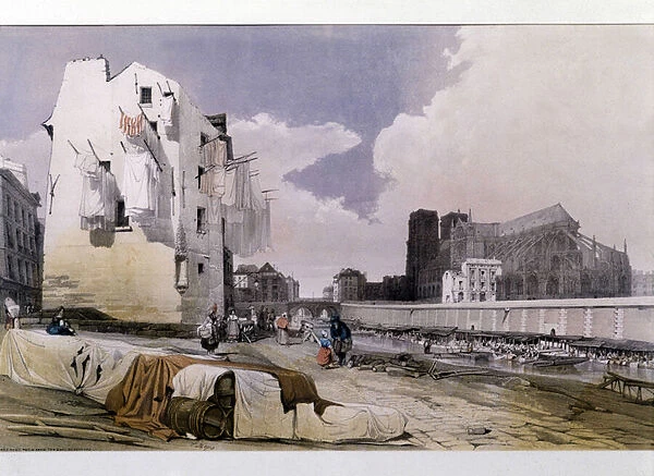 The banks of the Seine and Notre Dame de Paris - lithography, 19th century