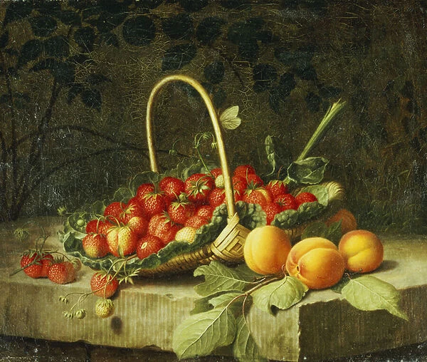 A Basket of Strawberries with Peaches on a Stone Ledge, 1856 (oil on canvas)