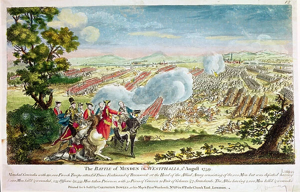 The Battle of Minden in Westphalia in 1759 (colour litho)