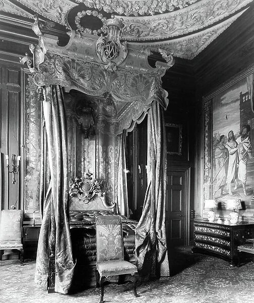 A bedroom at Combe Abbey, Warwickshire, from England's Lost Houses by Giles Worsley (1961-2006) published 2002 (b / w photo)
