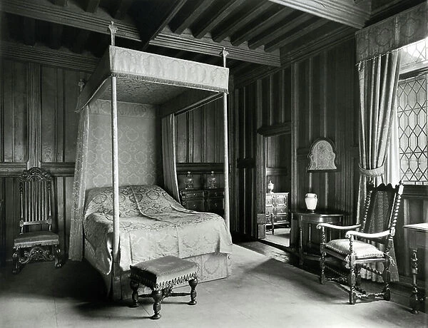 The bedroom above the dining room, Crowhurst Place, Surrey, from The English Manor House (b / w photo)