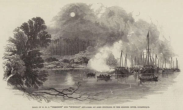 Boats of HMS 'President'and 'Eurydice'attacking an Arab Stockade, in the Angosha River, Mozambique (engraving)