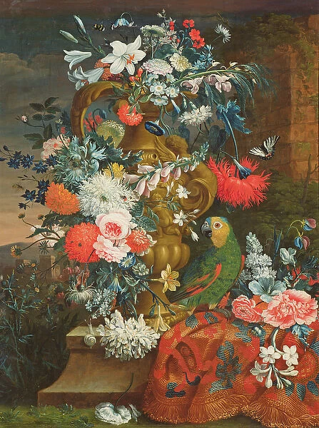 Bouquet of flowers and a parrot (oil on canvas)