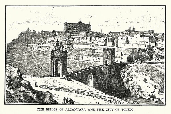The Bridge of Alcantara and the city of Toledo (litho)