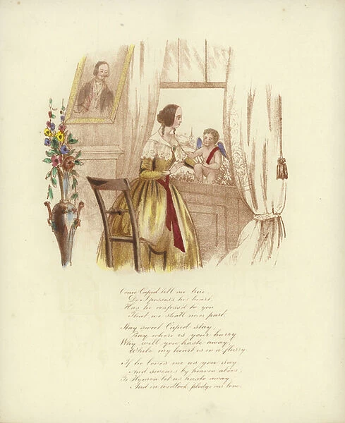 British Valentine card with an image of a woman at a window with a cherub (colour litho)