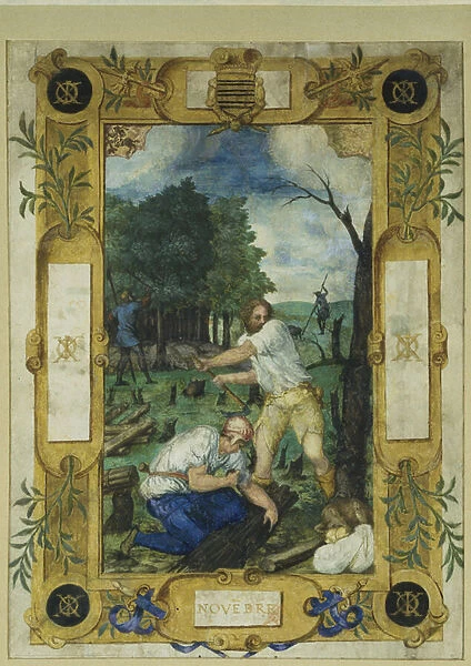 Calendar page for November, felling of the trees, from a book of hours, c