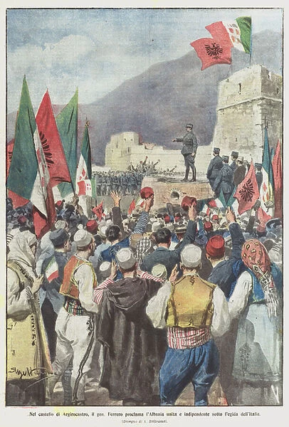 In the castle of Gjirokaster, Gen Ferrero proclaims Albania united and independent under the aegis of Italy (colour litho)