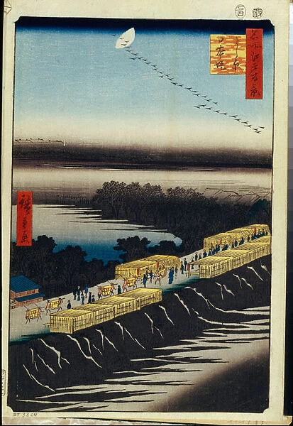 Cent vues celebres d'Edo : Nihon Embankment and Yoshiwara (One Hundred Famous Views of Edo) - Hiroshige, Utagawa (1797-1858) - 1856-1858 - Colour woodcut - State Hermitage, St. Petersburg